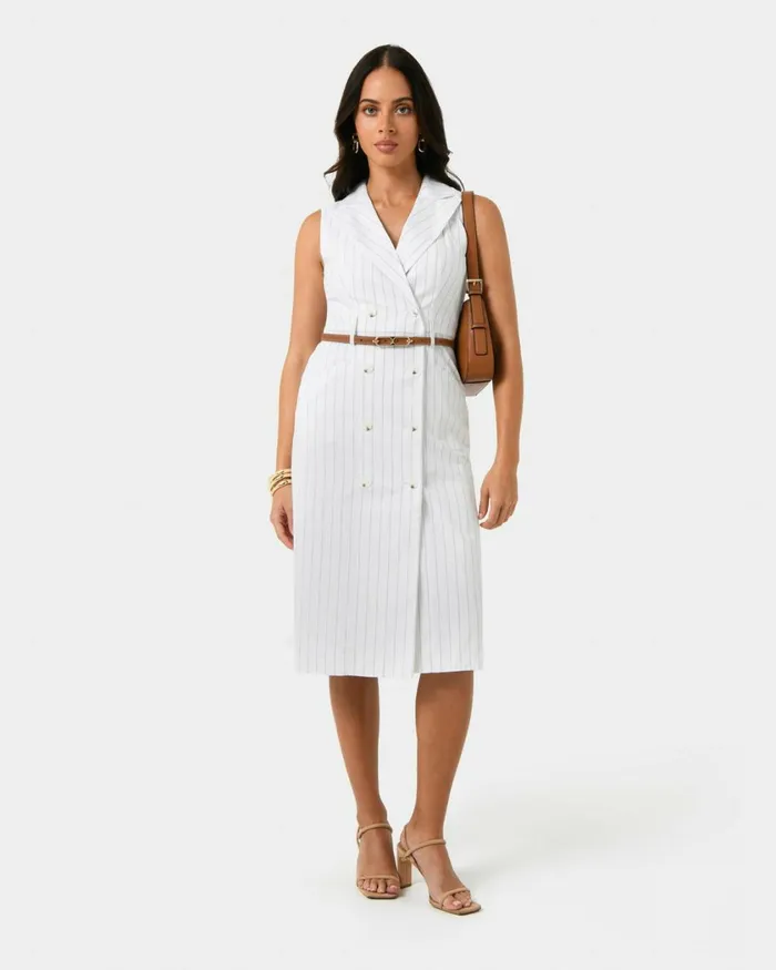 Forcast Ria Stripe Cotton Blend Dress Women Midi Dresses