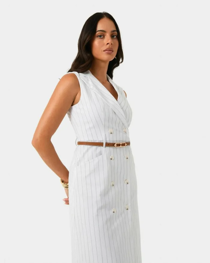 Forcast Ria Stripe Cotton Blend Dress Women Midi Dresses