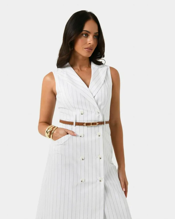 Forcast Ria Stripe Cotton Blend Dress Women Midi Dresses