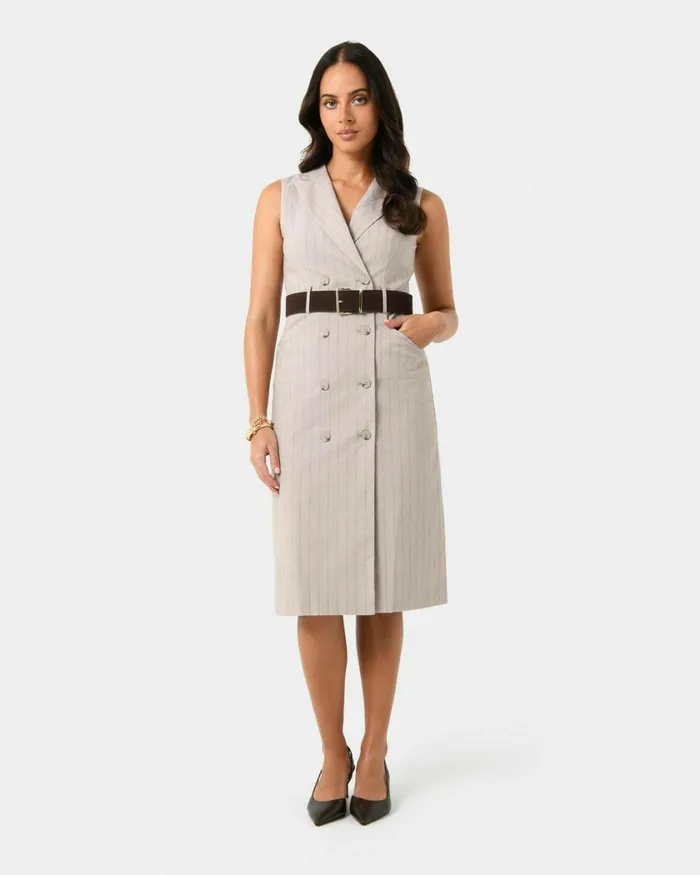 Forcast Ria Stripe Cotton Blend Dress Women Midi Dresses