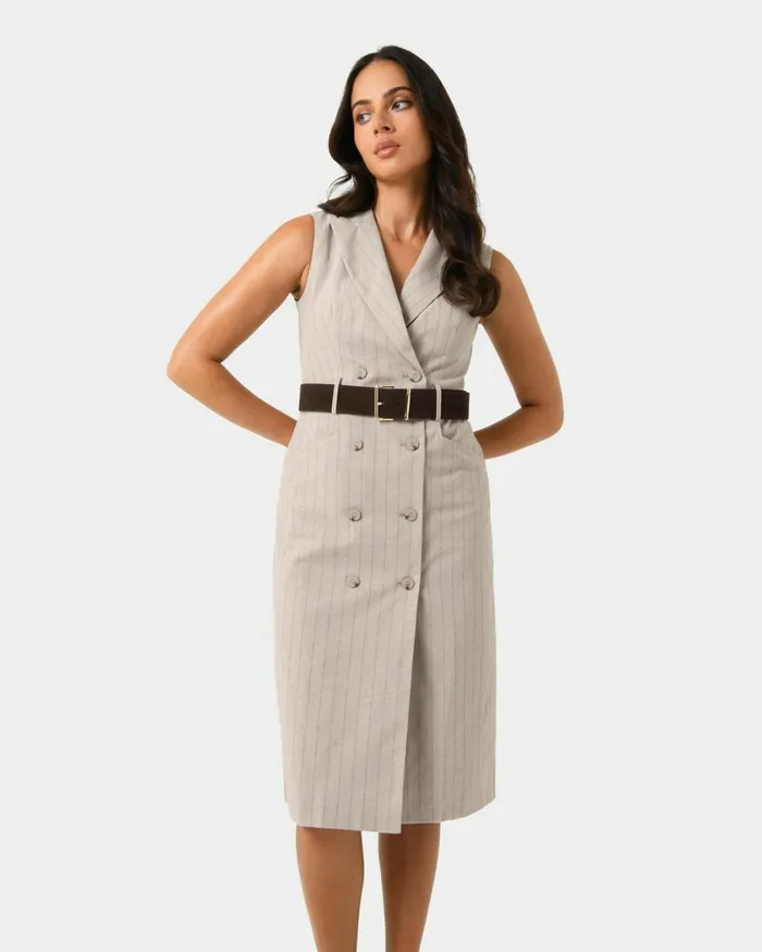 Forcast Ria Stripe Cotton Blend Dress Women Midi Dresses
