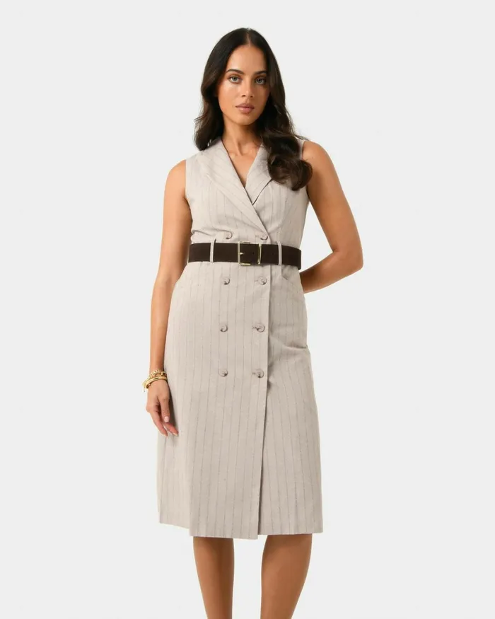 Forcast Ria Stripe Cotton Blend Dress Women Midi Dresses