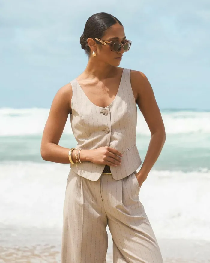 Forcast Ria Stripe Cotton Blend Vest Women Work Tops