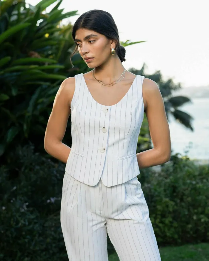 Forcast Ria Stripe Cotton Blend Vest Women Work Tops