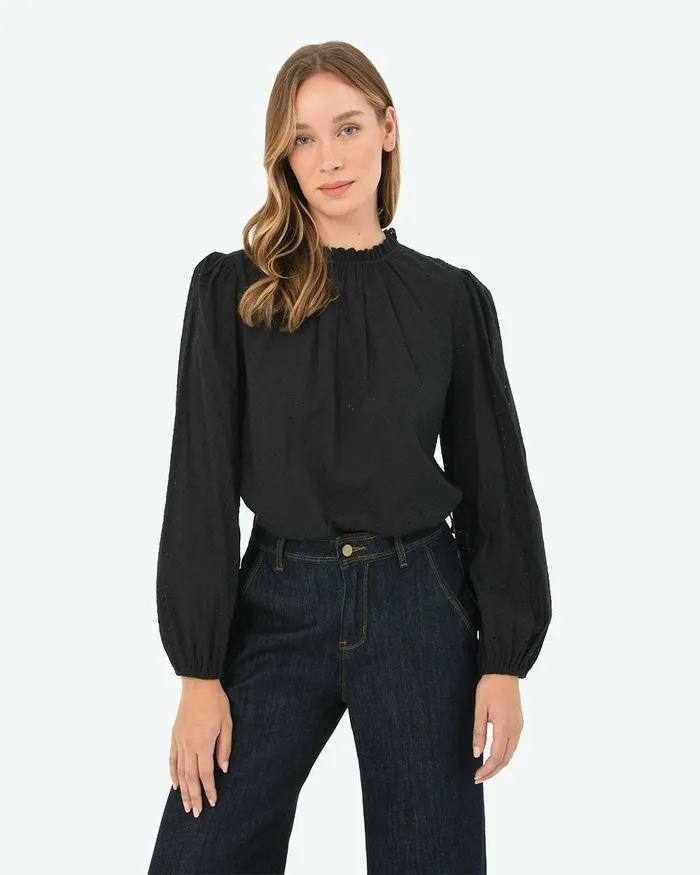 Forcast River Cotton Crochet Top Black Women Long Sleeve Tops