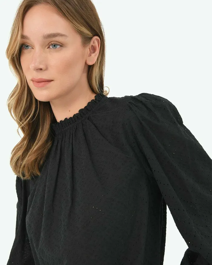 Forcast River Cotton Crochet Top Black Women Long Sleeve Tops