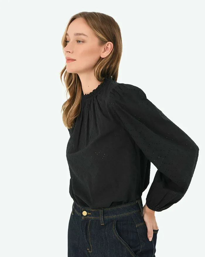 Forcast River Cotton Crochet Top Black Women Long Sleeve Tops