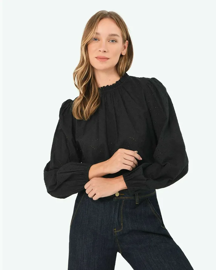 Forcast River Cotton Crochet Top Black Women Long Sleeve Tops