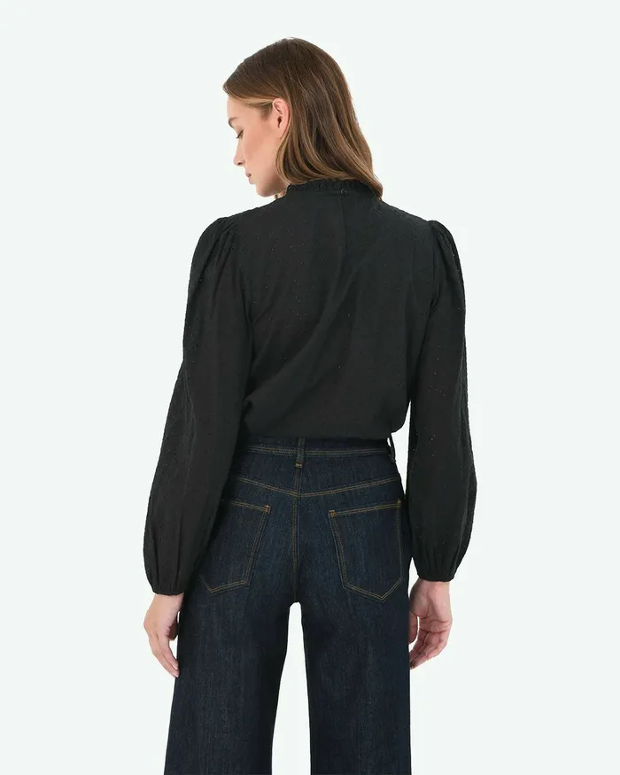 Forcast River Cotton Crochet Top Black Women Long Sleeve Tops