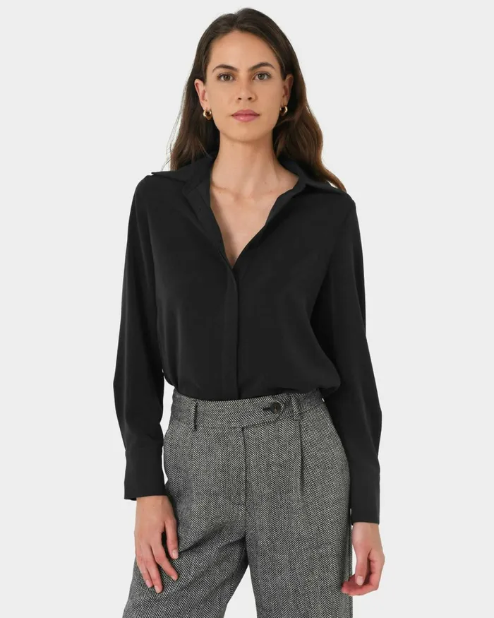 Forcast Robin Collared Blouse Black Women Long Sleeve Tops