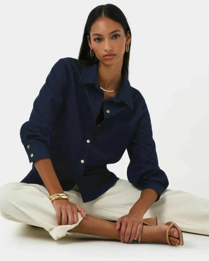 Forcast Ruka Button Shirt Dark Indigo Women TShirts and Tops