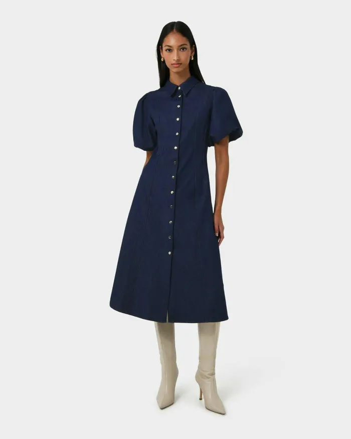 Forcast Ruka Midi Dress Dark Indigo Women Midi Dresses