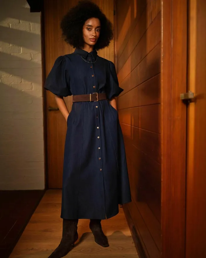 Forcast Ruka Midi Dress Dark Indigo Women Midi Dresses