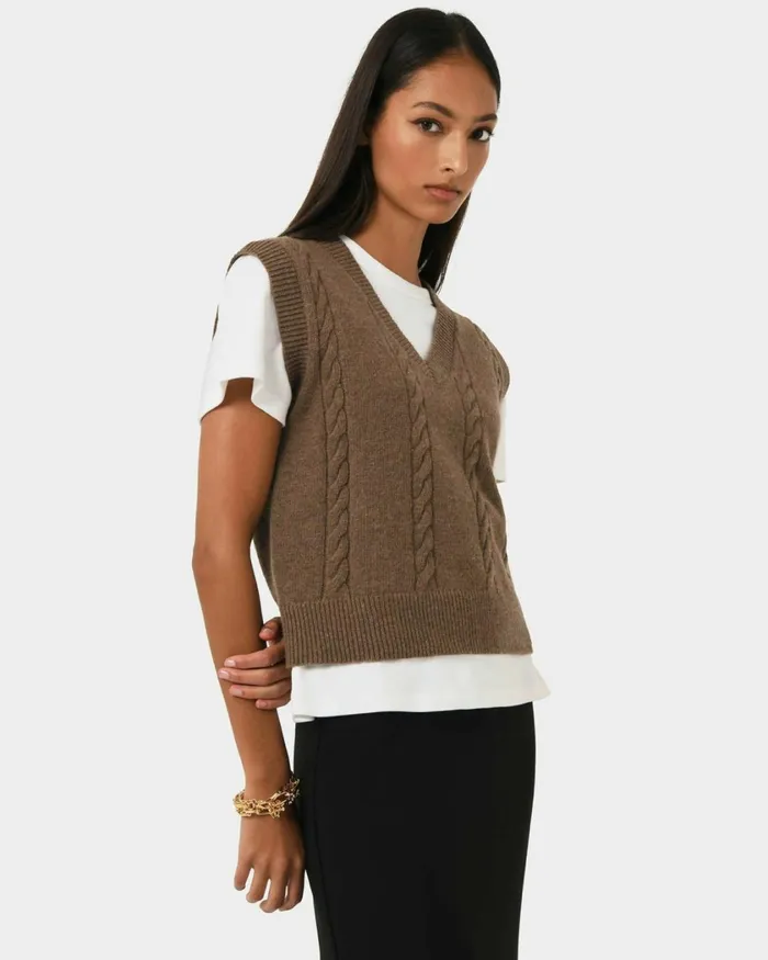 Forcast Rulia Vneck Knit Vest Wood Smokegrey Marleblack Women TShirts and Tops