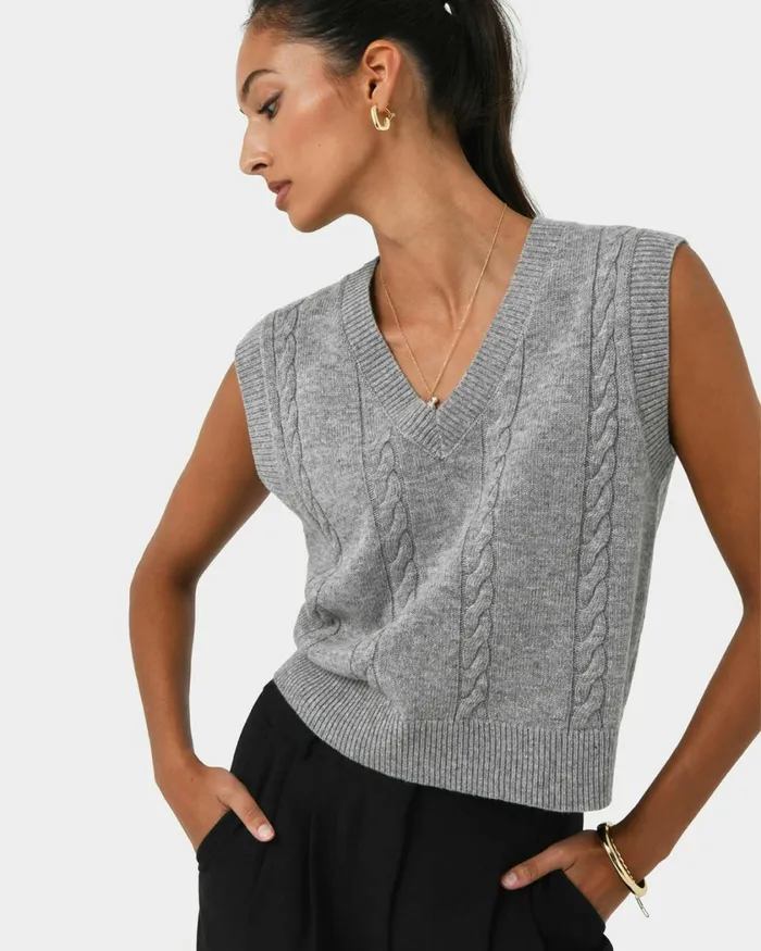 Forcast Rulia Vneck Knit Vest Wood Smokegrey Marleblack Women TShirts and Tops
