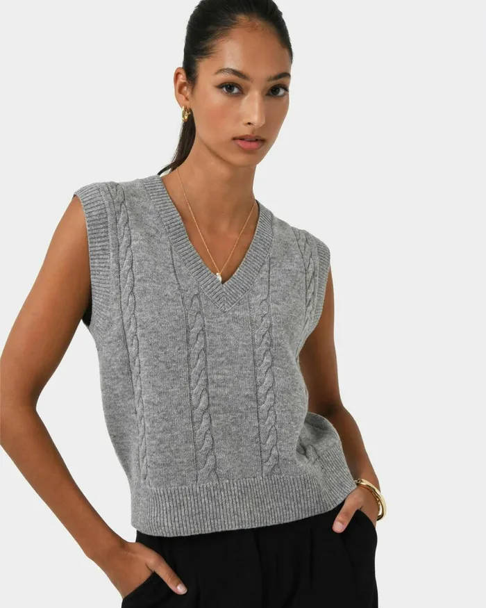 Forcast Rulia Vneck Knit Vest Wood Smokegrey Marleblack Women TShirts and Tops