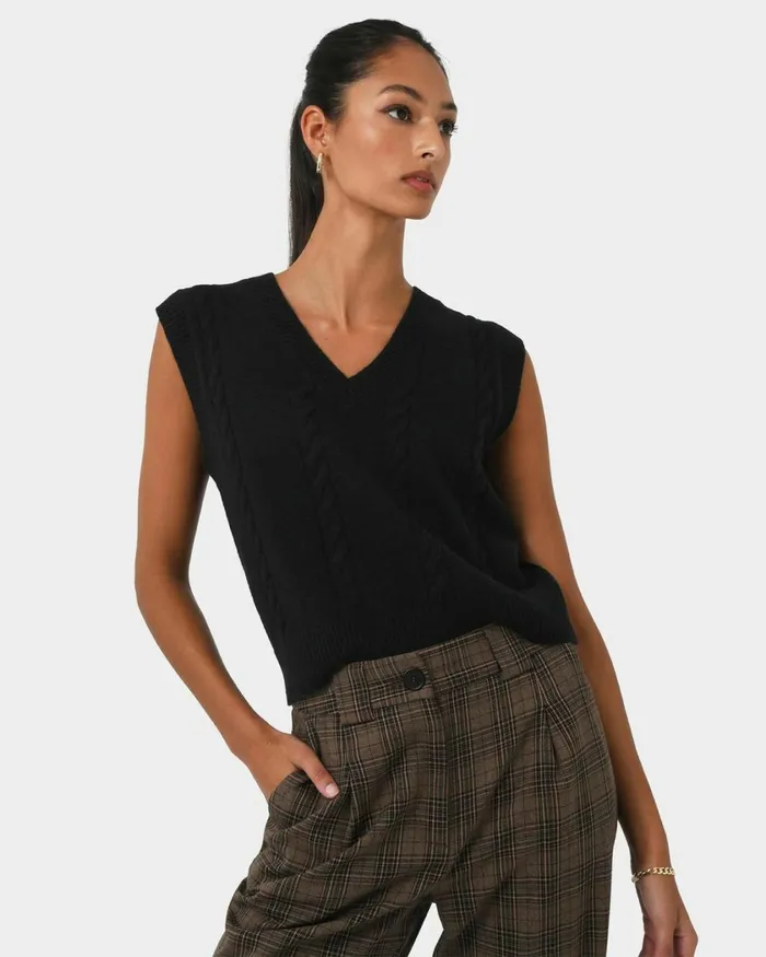 Forcast Rulia Vneck Knit Vest Wood Smokegrey Marleblack Women TShirts and Tops