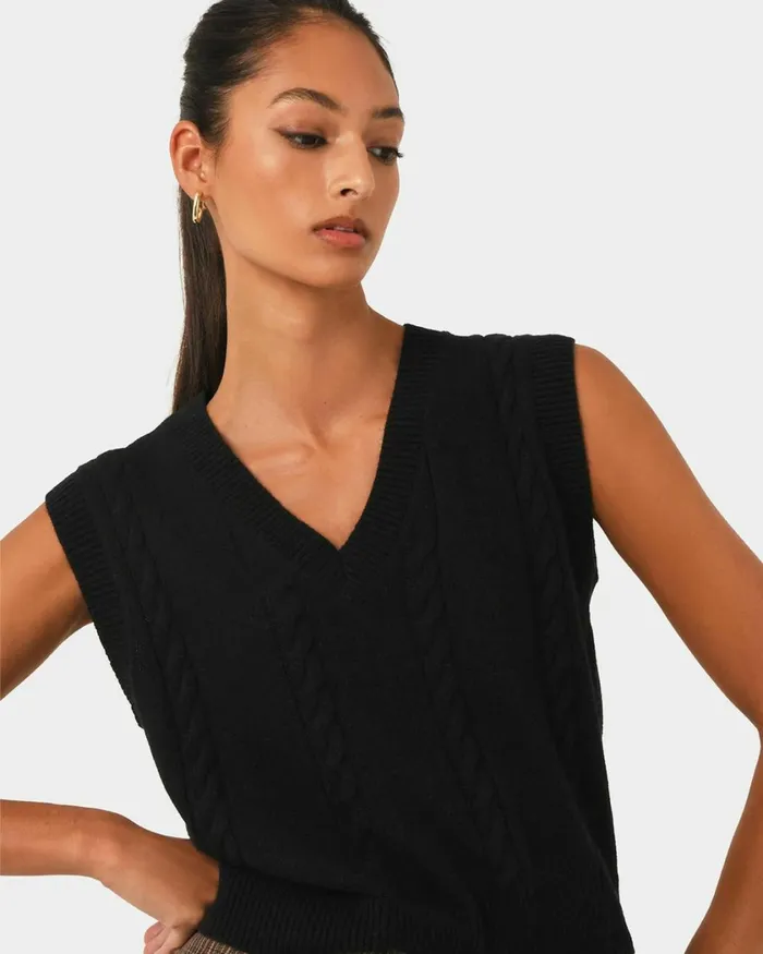 Forcast Rulia Vneck Knit Vest Wood Smokegrey Marleblack Women TShirts and Tops
