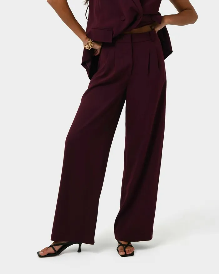 Forcast Rumy Wide Leg Tailored Pants Wineblack Women HighWaisted Pants
