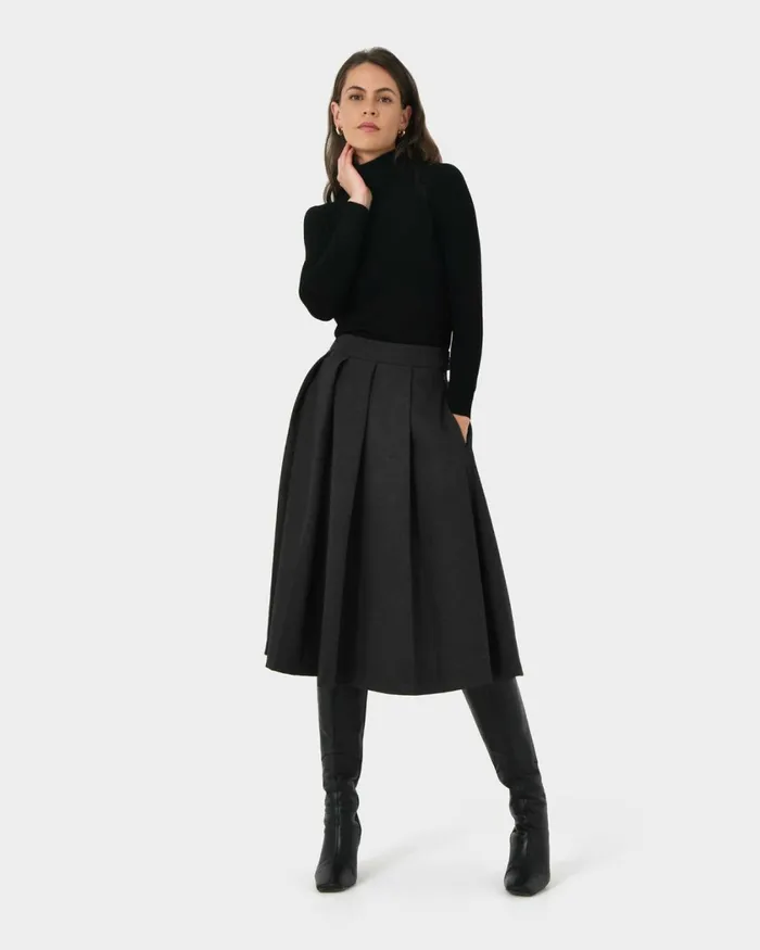 Forcast Ryan Pleated Midi Skirt Dark Charcoalblack Women Midi and Maxi Skirts