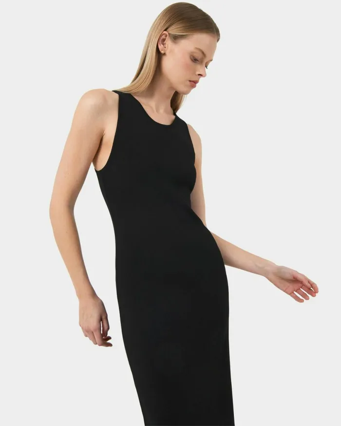 Forcast Rylin Racer Back Knit Dress Black Women Midi Dresses