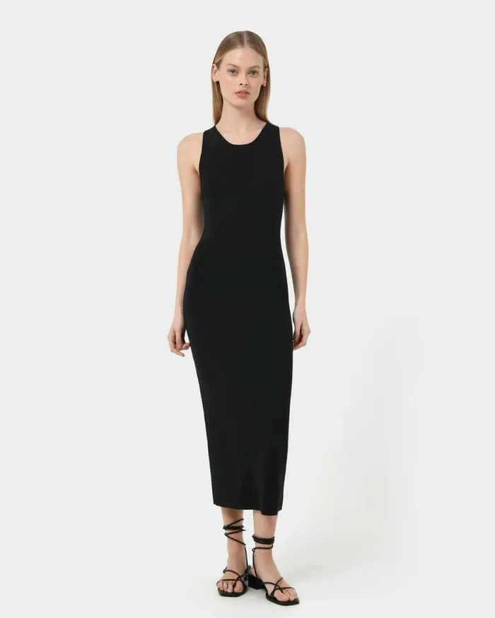 Forcast Rylin Racer Back Knit Dress Black Women Midi Dresses