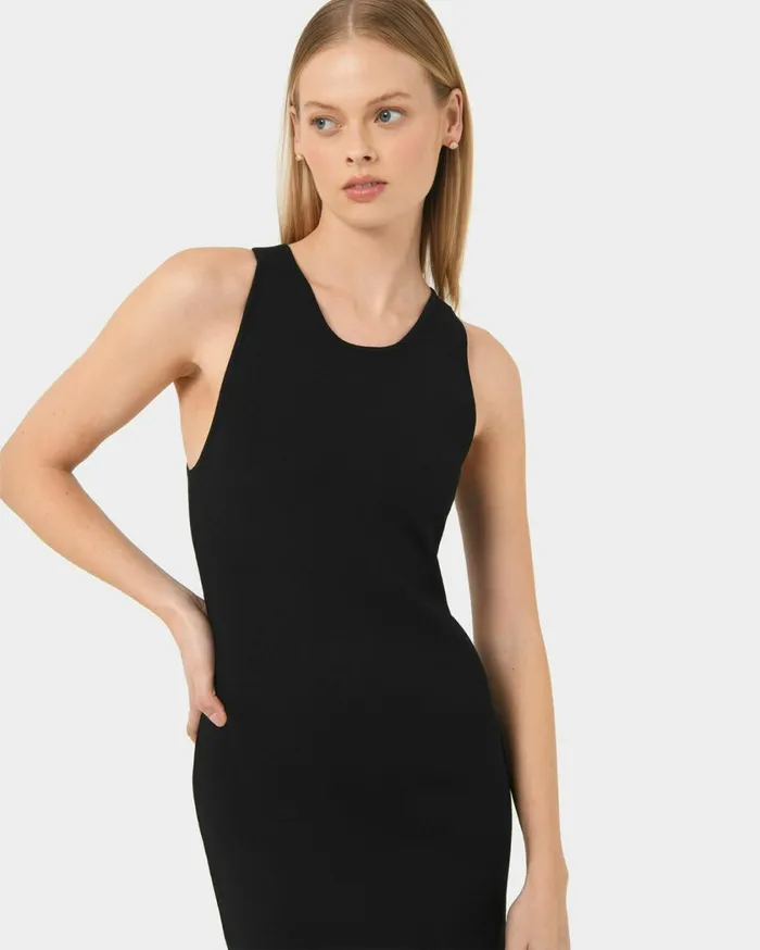 Forcast Rylin Racer Back Knit Dress Black Women Midi Dresses