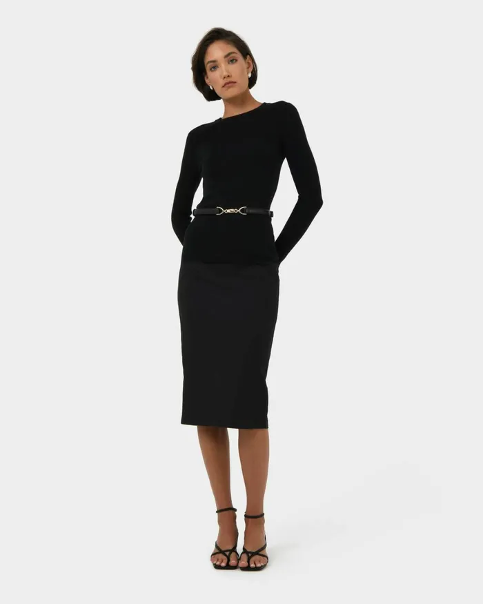 Forcast Safira Midi Pencil Skirt Navyblack Women Midi and Maxi Skirts
