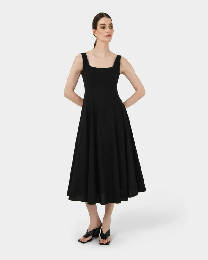 Forcast Saira 2 Linen Aline Dress Black Women Midi Dresses