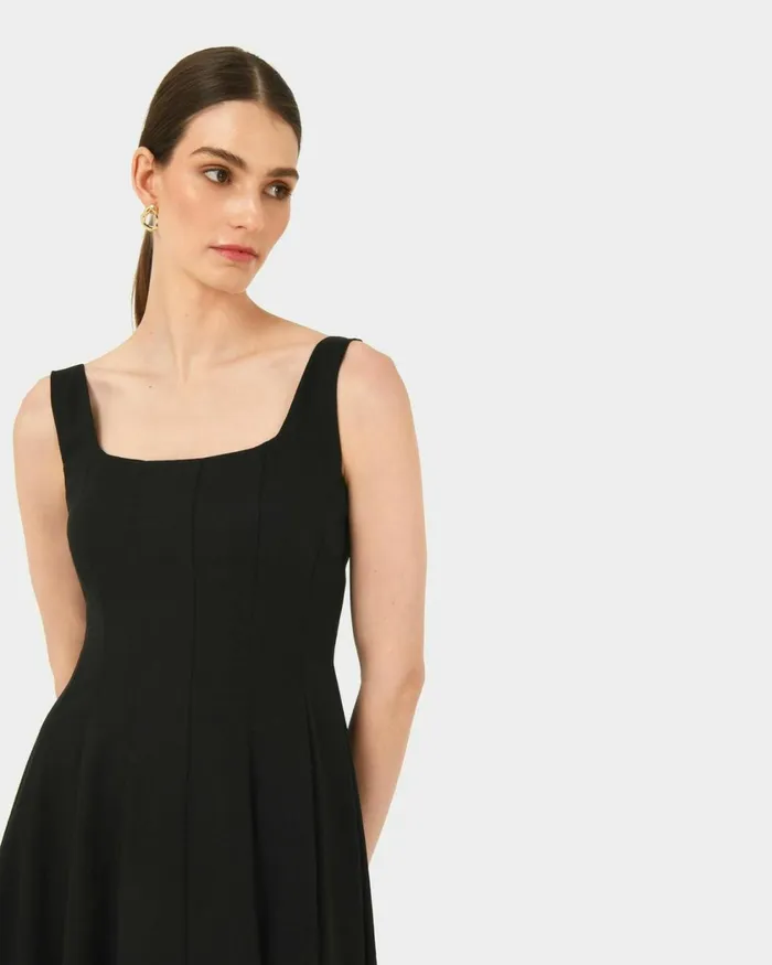Forcast Saira 2 Linen Aline Dress Black Women Midi Dresses