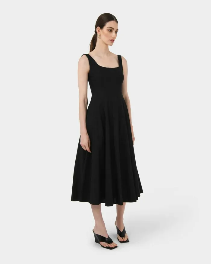 Forcast Saira 2 Linen Aline Dress Black Women Midi Dresses