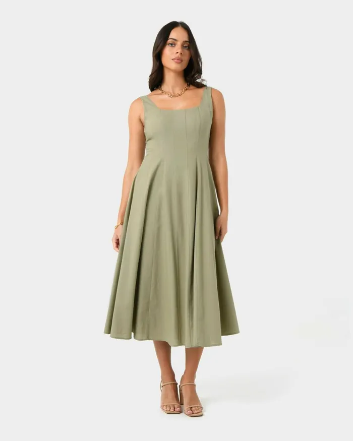 Forcast Saira 2 Linen Aline Dress Light Khaki Women Midi Dresses