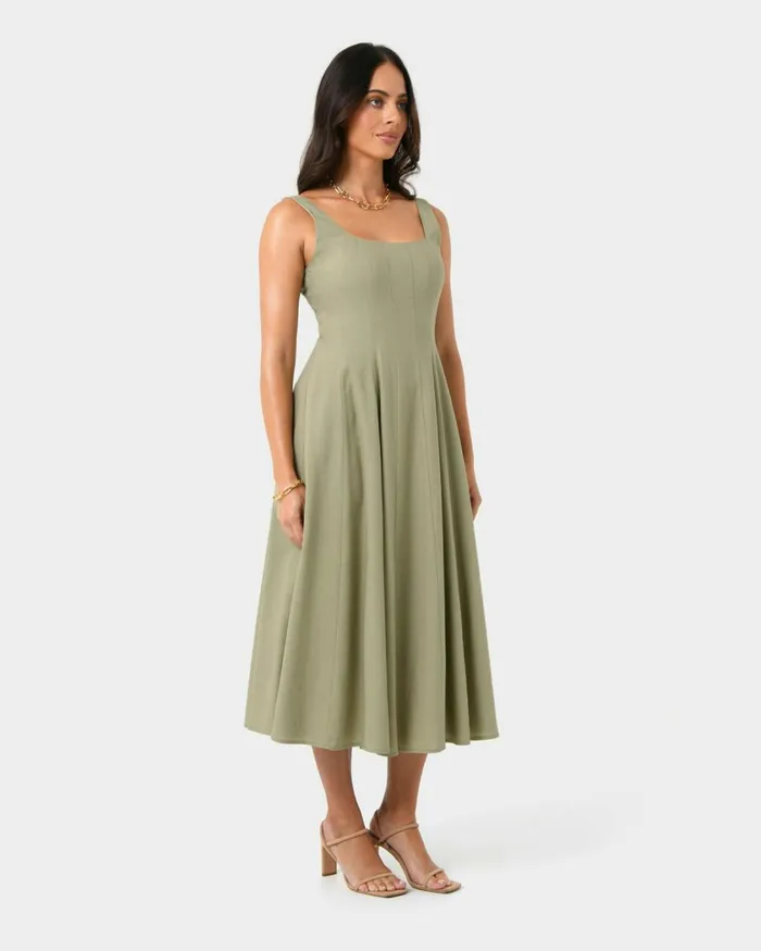 Forcast Saira 2 Linen Aline Dress Light Khaki Women Midi Dresses