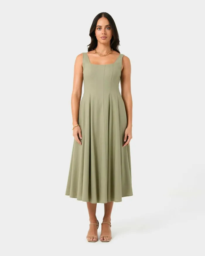 Forcast Saira 2 Linen Aline Dress Light Khaki Women Midi Dresses