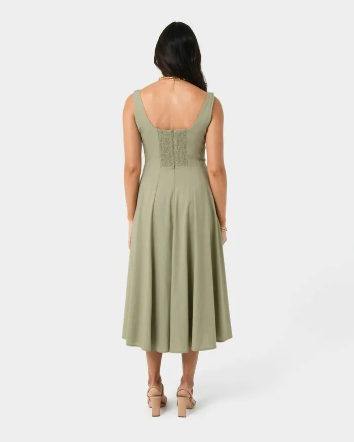 Forcast Saira 2 Linen Aline Dress Light Khaki Women Midi Dresses