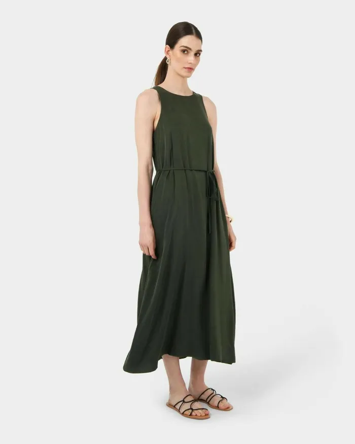 Forcast Sally Cupro Dress Dark Olive Women Midi Dresses