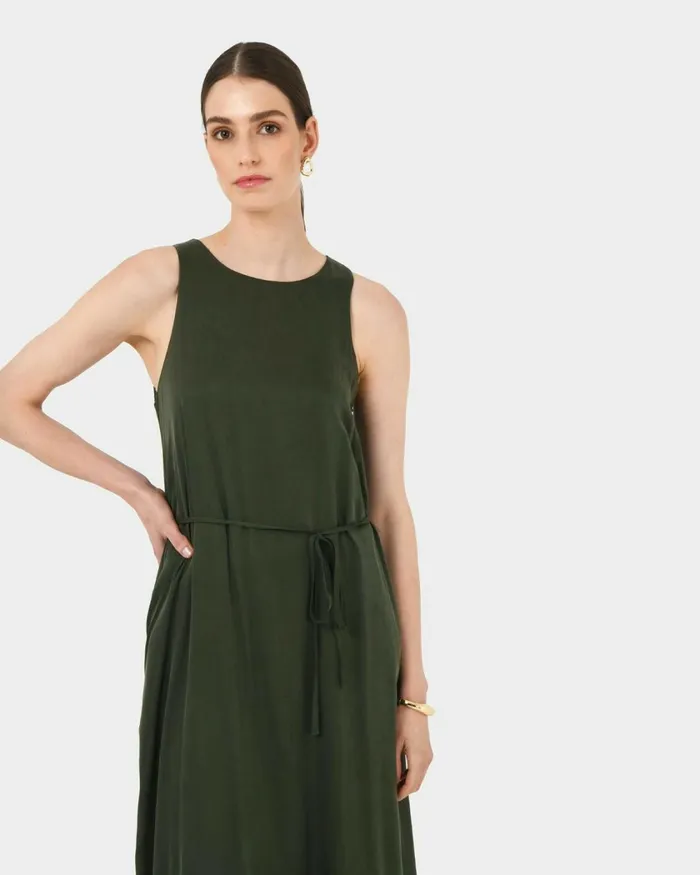 Forcast Sally Cupro Dress Dark Olive Women Midi Dresses