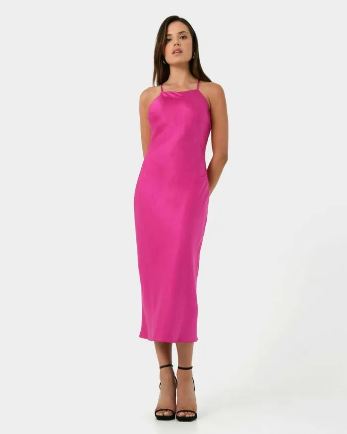 Forcast Samaya Satin Midi Dress Hot Pinkgreen Women Midi Dresses
