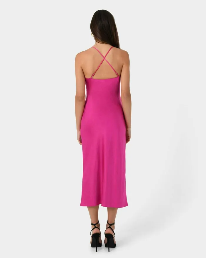 Forcast Samaya Satin Midi Dress Hot Pinkgreen Women Midi Dresses