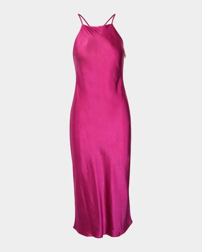 Forcast Samaya Satin Midi Dress Hot Pinkgreen Women Midi Dresses