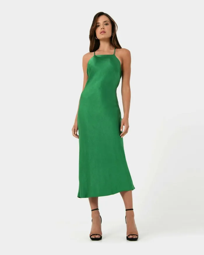 Forcast Samaya Satin Midi Dress Hot Pinkgreen Women Midi Dresses