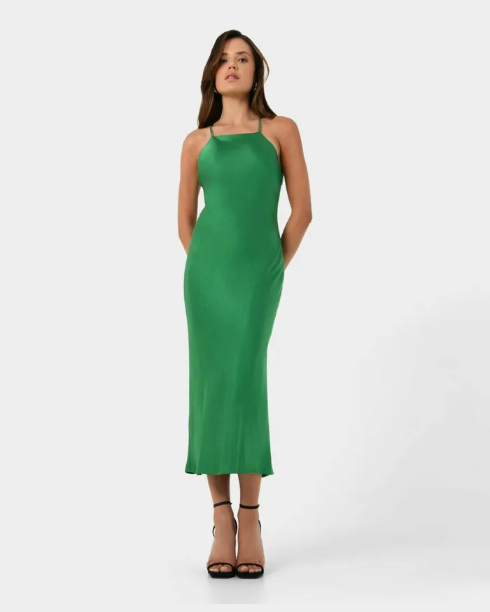 Forcast Samaya Satin Midi Dress Hot Pinkgreen Women Midi Dresses