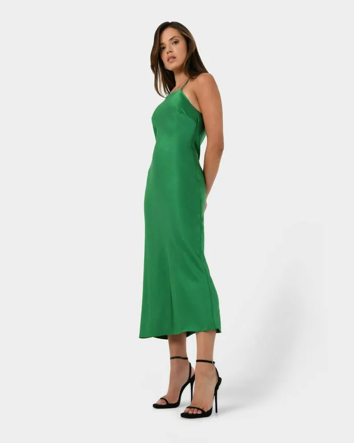 Forcast Samaya Satin Midi Dress Hot Pinkgreen Women Midi Dresses