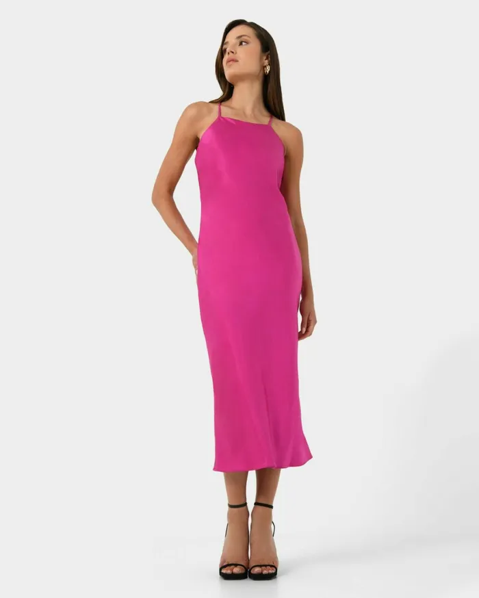 Forcast Samaya Satin Midi Dress Hot Pinkgreen Women Midi Dresses