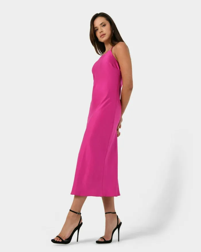 Forcast Samaya Satin Midi Dress Hot Pinkgreen Women Midi Dresses