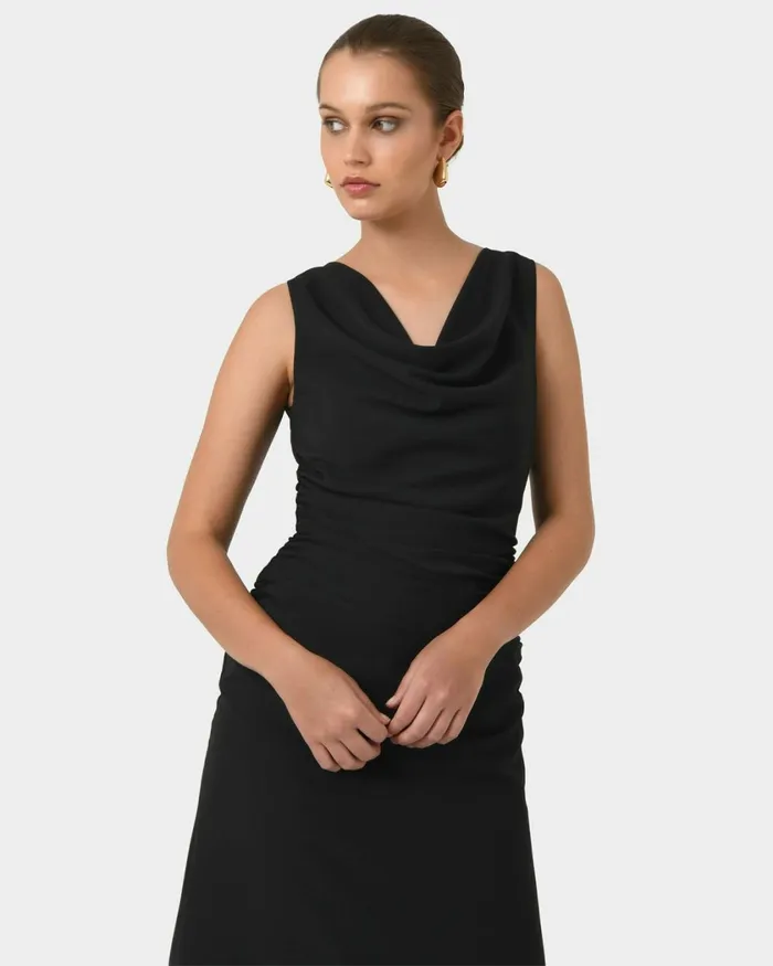 Forcast Serena Cowl Neck Dress Dusk Blueblack Women Midi Dresses