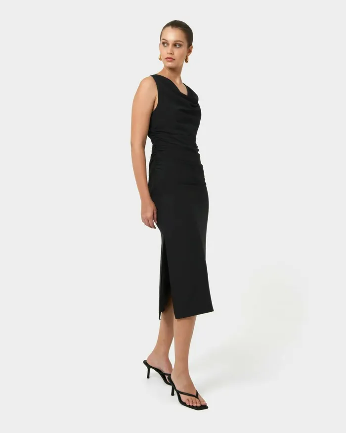 Forcast Serena Cowl Neck Dress Dusk Blueblack Women Midi Dresses
