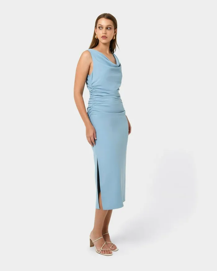 Forcast Serena Cowl Neck Dress Dusk Blueblack Women Midi Dresses