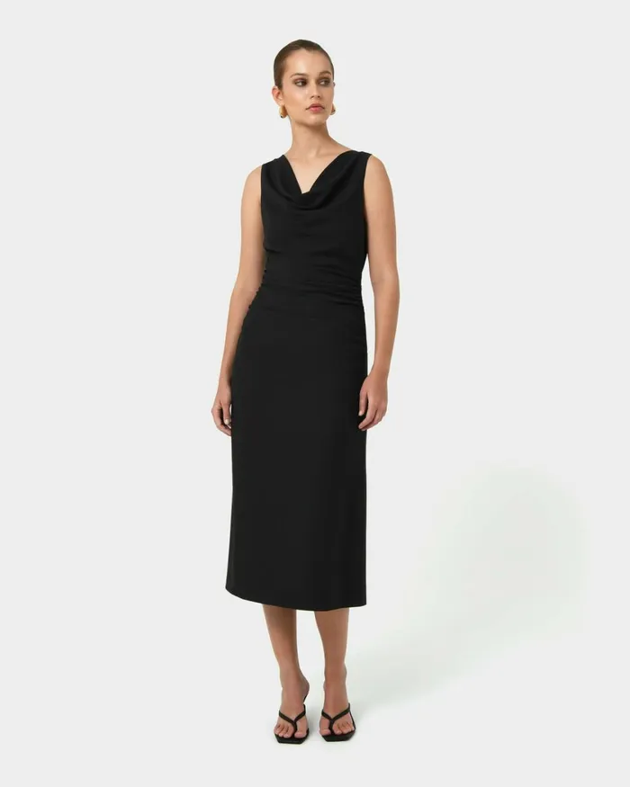 Forcast Serena Cowl Neck Dress Dusk Blueblack Women Midi Dresses