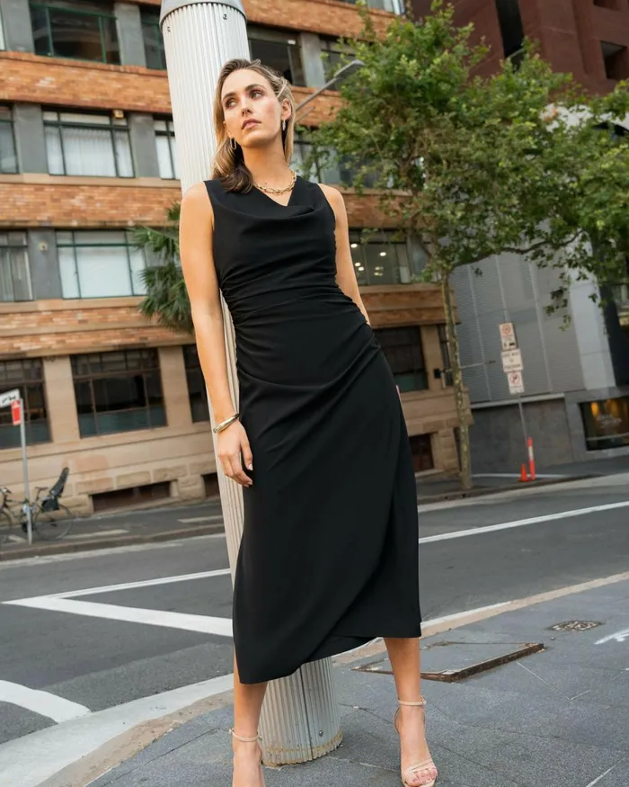 Forcast Serena Cowl Neck Dress Dusk Blueblack Women Midi Dresses